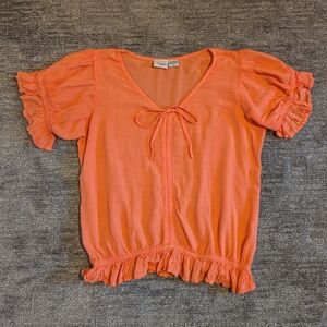 Rainforest Cafe Bright Peach Coral Ruffle Sleeve Linen Cotton Blouse - XL